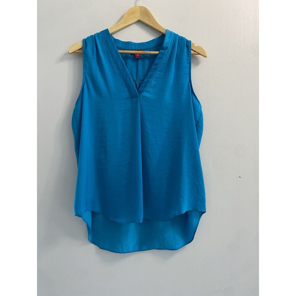 Vince Camuto Women M Blue Sleeveless V-Neck Pleated Tunic Blouse High Low Top